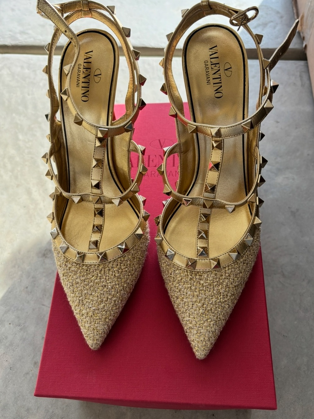 Valentino Garavani Gold Studded T-Strap Pointed Toe Heel